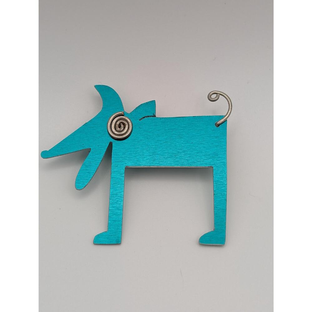 Turquoise Blue Anodized Aluminum Dog Brooch Pin with Silvertoned Wire Swirl
